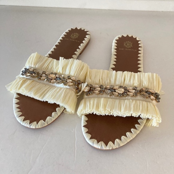 NWOT De Siena Anthropologie Embellished Raffia Slide Sandals - Picture 1 of 7